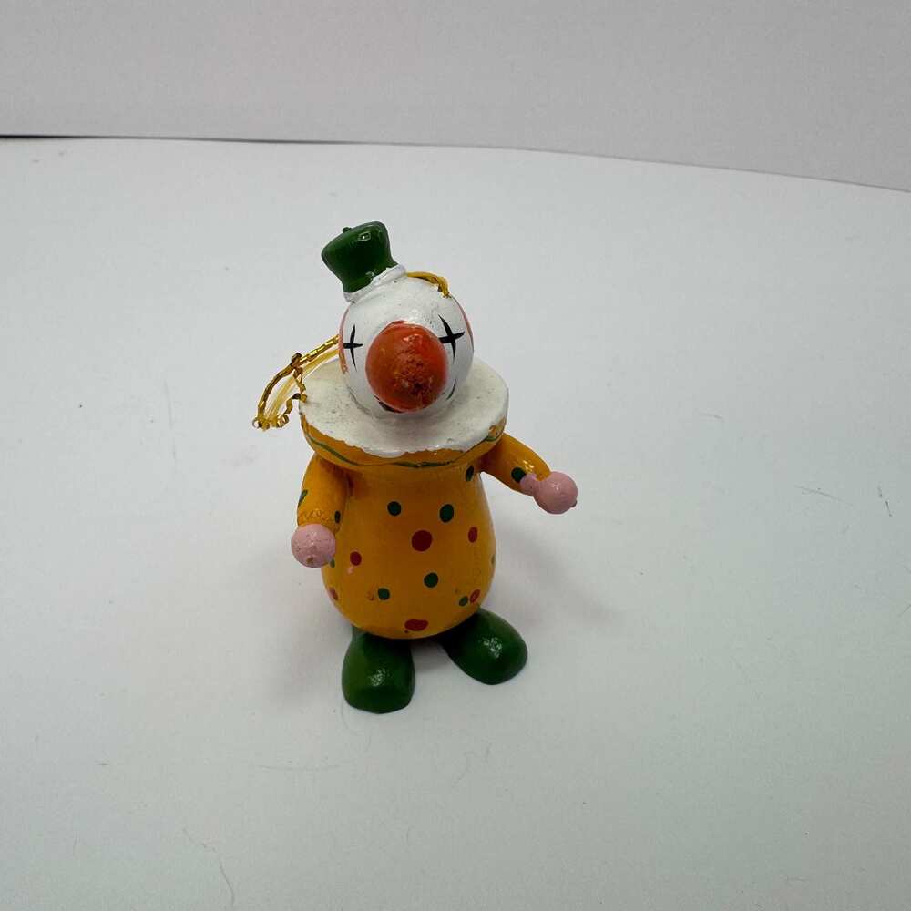 Vintage Hand Painted Yellow Smiling Clown Wooden Holiday Christmas Ornament